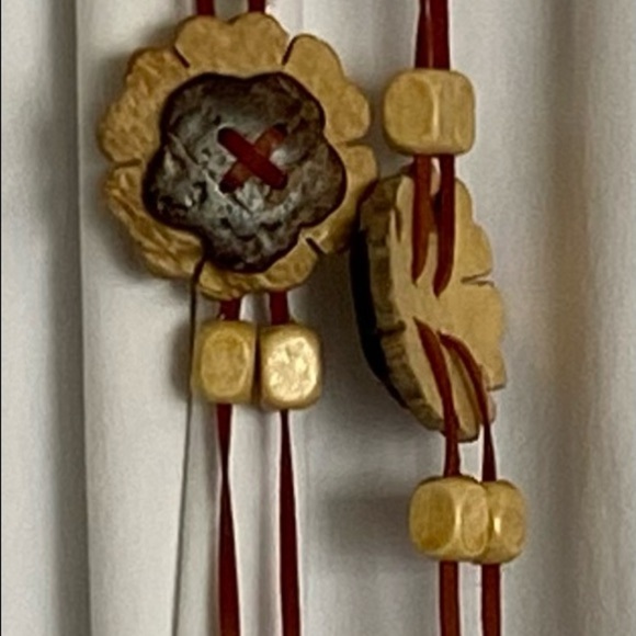 Fun Boho 72” Long Belt,Necklace,Wall Decor- Woden Flowers&Beads-Strung w/Leather - Picture 3 of 16